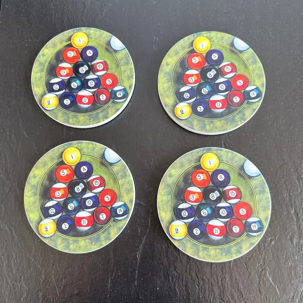Rafuse Billiard Pool Ball Set of 4 Ultra Clean Round‎ Stone Coasters, Cork Backs